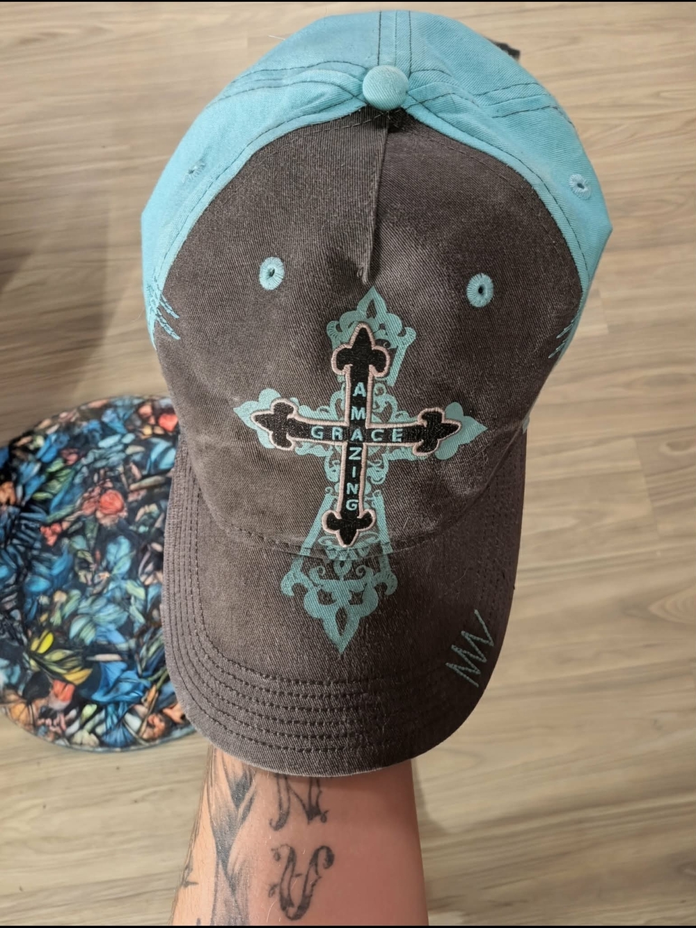 Victoria's Secret Teal and Brown Cross Embroidered Baseball Cap